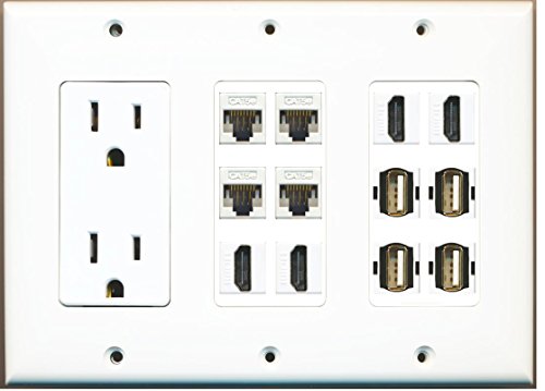 RiteAV - (3 Gang) 15A Power Outlet 4 HDMI 4 Cat5e White 4 USB A-A Wall Plate White