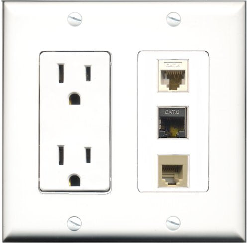 RiteAV - 15 Amp Power Outlet 1 Port Phone Beige 1 Port Shielded Cat6 Ethernet Ethernet 1 Port Cat6 Ethernet Ethernet White Decorative Wall Plate