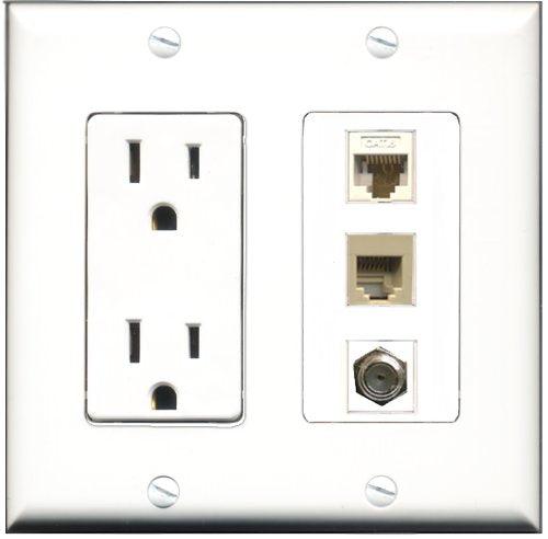RiteAV - 15 Amp Power Outlet 1 Port Coax 1 Port Phone Beige 1 Port Cat6 Ethernet Ethernet White Decorative Wall Plate
