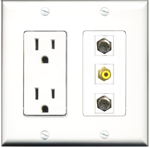 RiteAV - 15 Amp Power Outlet 1 Port RCA Yellow 2 Port Coax Decorative Wall Plate