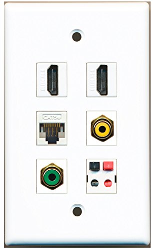 RiteAV - 2 HDMI 1 Port RCA Yellow 1 Port RCA Green 1 Port Cat5e Ethernet White 1 Port Speaker Wall Plate