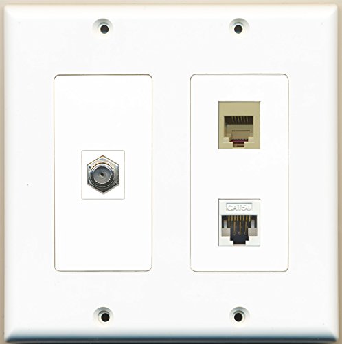 RiteAV - 1 Port Coax Cable TV- F-Type 1 Port Phone RJ11 RJ12 Beige 1 Port Cat5e Ethernet White - 2 Gang Wall Plate