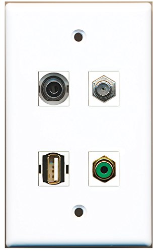 RiteAV - 1 Port RCA Green 1 Port Coax Cable TV- F-Type 1 Port USB A-A 1 Port 3.5mm Wall Plate