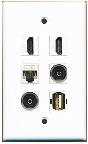 RiteAV - 2 HDMI 1 Port USB A-A 2 Port Toslink 1 Port Cat5e Ethernet White Wall Plate
