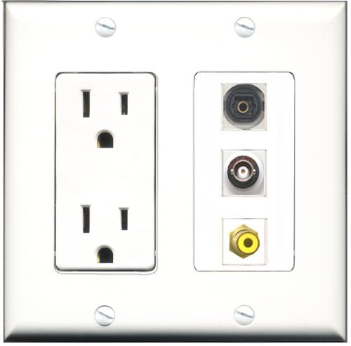 RiteAV - 15 Amp Power Outlet 1 Port RCA Yellow 1 Port Toslink 1 Port BNC Decorative Wall Plate