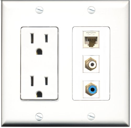 RiteAV - 15 Amp Power Outlet 1 Port RCA White 1 Port RCA Blue 1 Port Cat6 Ethernet Ethernet White Decorative Wall Plate