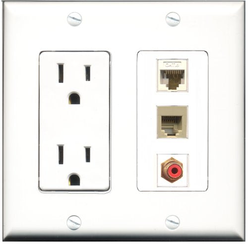 RiteAV - 15 Amp Power Outlet 1 Port RCA Red 1 Port Phone Beige 1 Port Cat6 Ethernet Ethernet White Decorative Wall Plate