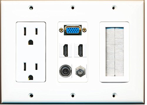 RiteAV - (3 Gang) 15A Power Outlet Mesh-Brush Svga 2 HDMI Coax 3.5mm Wall Plate White