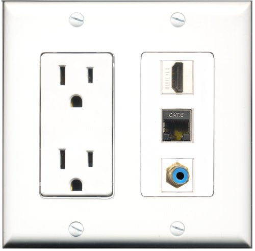 RiteAV - 15 Amp Power Outlet 1 Port HDMI 1 Port RCA Blue 1 Port Shielded Cat6 Ethernet Ethernet Decorative Wall Plate