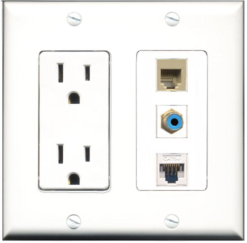 RiteAV - 15 Amp Power Outlet 1 Port RCA Blue 1 Port Phone Beige 1 Port Cat5e Ethernet White Decorative Wall Plate