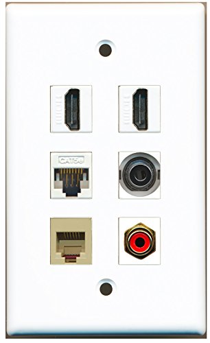 RiteAV - 2 HDMI 1 Port RCA Red 1 Port Phone RJ11 RJ12 Beige 1 Port 3.5mm 1 Port Cat5e Ethernet White Wall Plate
