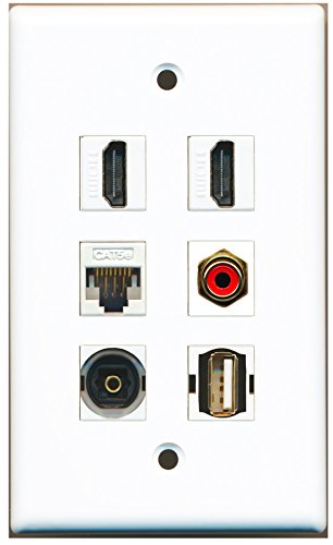 RiteAV - 2 HDMI 1 Port RCA Red 1 Port USB A-A 1 Port Toslink 1 Port Cat5e Ethernet White Wall Plate