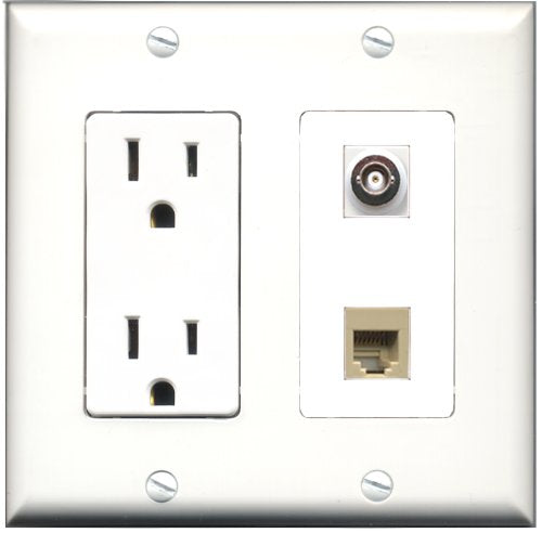 RiteAV - 15 Amp Power Outlet and 1 Port Phone RJ11 RJ12 Beige and 1 Port BNC Decorative Type Wall Plate White