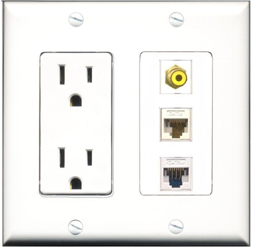 RiteAV - 15 Amp Power Outlet 1 Port RCA Yellow 1 Port Cat5e Ethernet White 1 Port Cat6 Ethernet Ethernet White Decorative Wall Plate