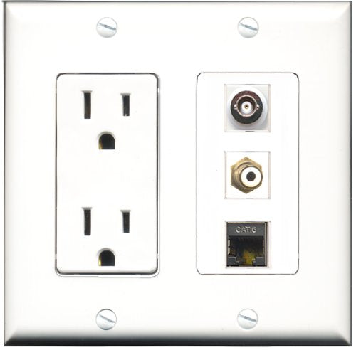 RiteAV - 15 Amp Power Outlet 1 Port RCA White 1 Port Shielded Cat6 Ethernet Ethernet 1 Port BNC Decorative Wall Plate
