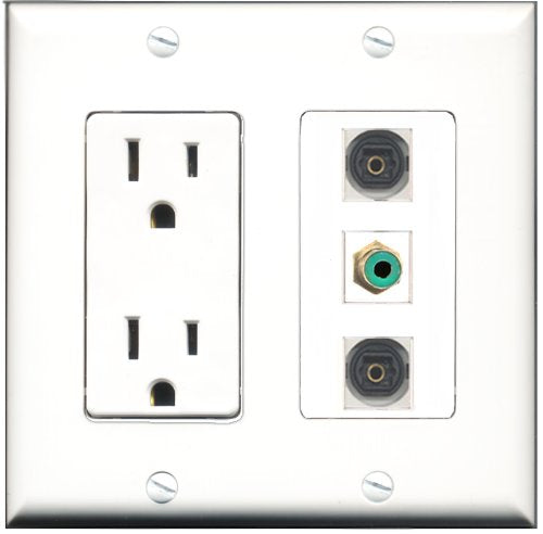 RiteAV - 15 Amp Power Outlet 1 Port RCA Green 2 Port Toslink Decorative Wall Plate