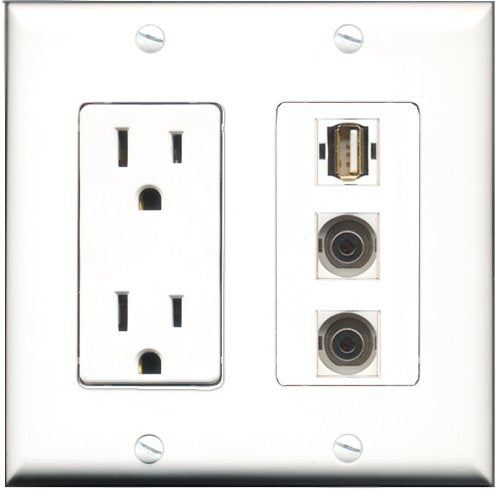 RiteAV - 15 Amp Power Outlet 1 Port USB A-A 2 Port 3.5mm Decorative Wall Plate