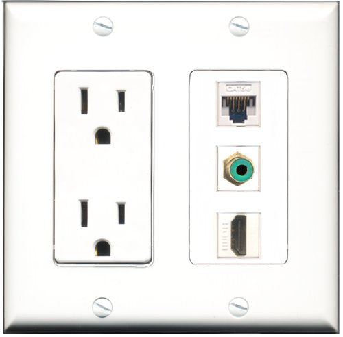 RiteAV - 15 Amp Power Outlet 1 Port HDMI 1 Port RCA Green 1 Port Cat5e Ethernet White Decorative Wall Plate