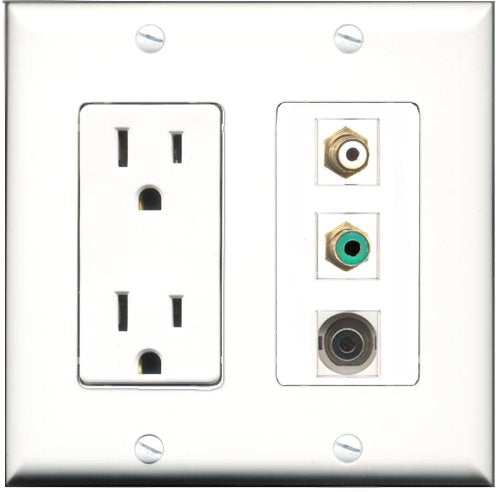 RiteAV - 15 Amp Power Outlet 1 Port RCA White 1 Port RCA Green 1 Port 3.5mm Decorative Wall Plate