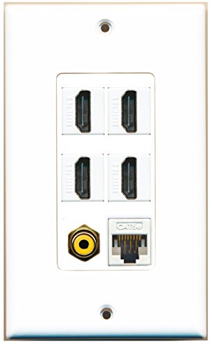 RiteAV - 4 Port HDMI 1 RCA Yellow 1 Cat5e Ethernet White Wall Plate Decorative
