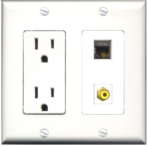 RiteAV - 15 Amp Power Outlet and 1 Port RCA Yellow and 1 Port Shielded Cat6 Ethernet Decorative Type Wall Plate White