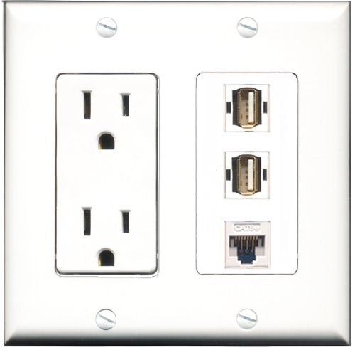 RiteAV - 15 Amp Power Outlet 2 Port USB A-A 1 Port Cat5e Ethernet White Decorative Wall Plate