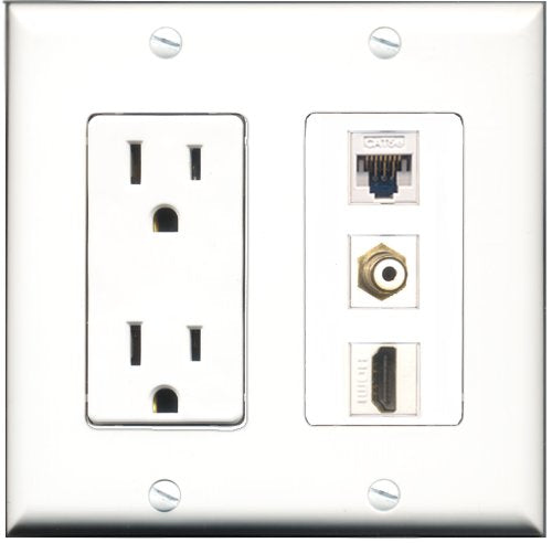 RiteAV - 15 Amp Power Outlet 1 Port HDMI 1 Port RCA White 1 Port Cat5e Ethernet White Decorative Wall Plate