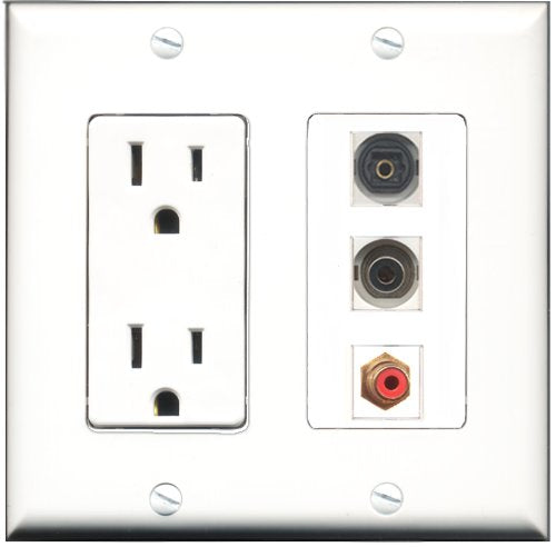 RiteAV - 15 Amp Power Outlet 1 Port RCA Red 1 Port Toslink 1 Port 3.5mm Decorative Wall Plate