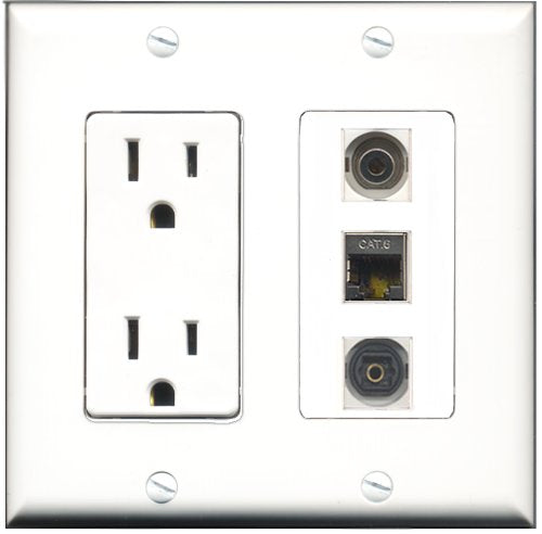 RiteAV - 15 Amp Power Outlet 1 Port Shielded Cat6 Ethernet Ethernet 1 Port Toslink 1 Port 3.5mm Decorative Wall Plate