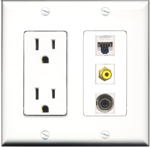 RiteAV - 15 Amp Power Outlet 1 Port RCA Yellow 1 Port 3.5mm 1 Port Cat5e Ethernet White Decorative Wall Plate