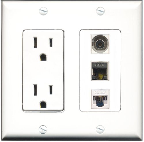 RiteAV - 15 Amp Power Outlet 1 Port Shielded Cat6 Ethernet Ethernet 1 Port 3.5mm 1 Port Cat5e Ethernet White Decorative Wall Plate