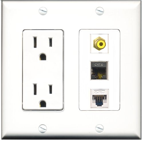 RiteAV - 15 Amp Power Outlet 1 Port RCA Yellow 1 Port Shielded Cat6 Ethernet Ethernet 1 Port Cat5e Ethernet White Decorative Wall Plate