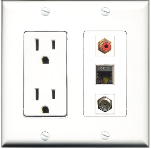 RiteAV - 15 Amp Power Outlet 1 Port RCA Red 1 Port Coax 1 Port Shielded Cat6 Ethernet Ethernet Decorative Wall Plate