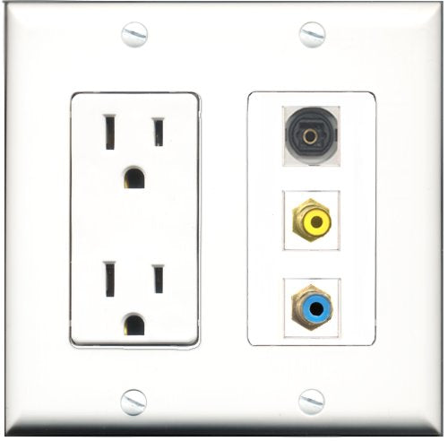 RiteAV - 15 Amp Power Outlet 1 Port RCA Yellow 1 Port RCA Blue 1 Port Toslink Decorative Wall Plate
