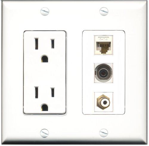 RiteAV - 15 Amp Power Outlet 1 Port RCA White 1 Port RCA Yellow 1 Port 3.5mm Decorative Wall Plate