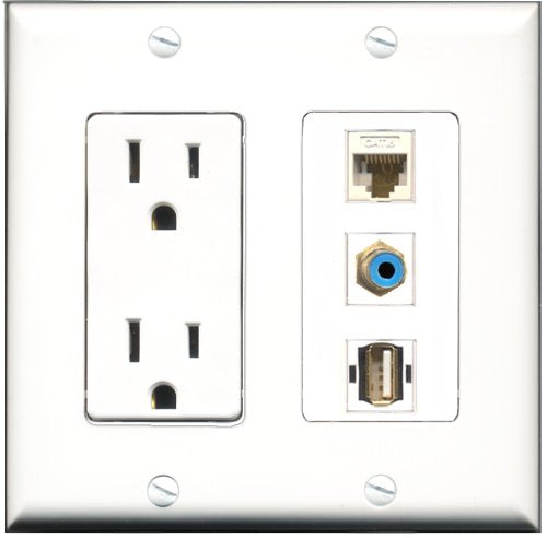 RiteAV - 15 Amp Power Outlet 1 Port RCA Blue 1 Port USB A-A 1 Port Cat6 Ethernet Ethernet White Decorative Wall Plate