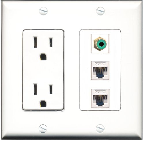 RiteAV - 15 Amp Power Outlet 1 Port RCA Green 2 Port Cat5e Ethernet White Decorative Wall Plate