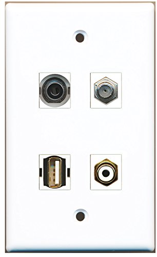 RiteAV - 1 Port RCA White 1 Port Coax Cable TV- F-Type 1 Port USB A-A 1 Port 3.5mm Wall Plate