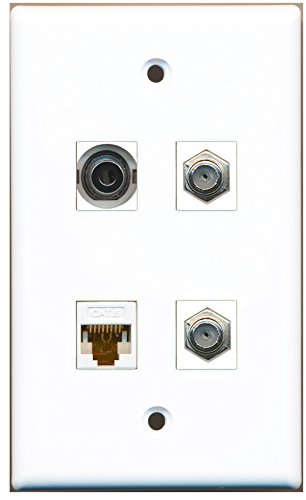 RiteAV - 2 Port Coax Cable TV- F-Type 1 Port 3.5mm 1 Port Cat6 Ethernet White Wall Plate