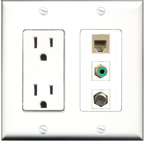 RiteAV - 15 Amp Power Outlet 1 Port RCA Green 1 Port Coax 1 Port Phone Beige Decorative Wall Plate