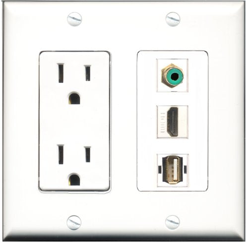 RiteAV - 15 Amp Power Outlet 1 Port HDMI 1 Port RCA Green 1 Port USB A-A Decorative Wall Plate