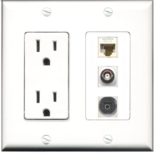 RiteAV - 15 Amp Power Outlet 1 Port Toslink 1 Port BNC 1 Port Cat6 Ethernet Ethernet White Decorative Wall Plate