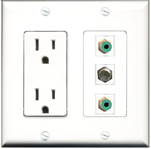 RiteAV - 15 Amp Power Outlet 2 Port RCA Green 1 Port Coax Decorative Wall Plate