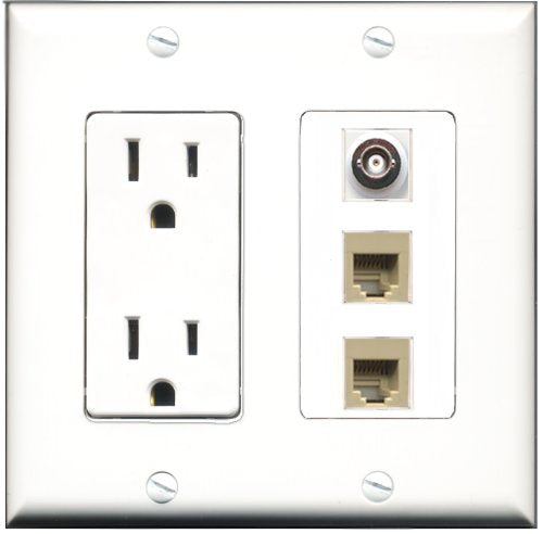 RiteAV - 15 Amp Power Outlet 2 Port Phone Beige 1 Port BNC Decorative Wall Plate