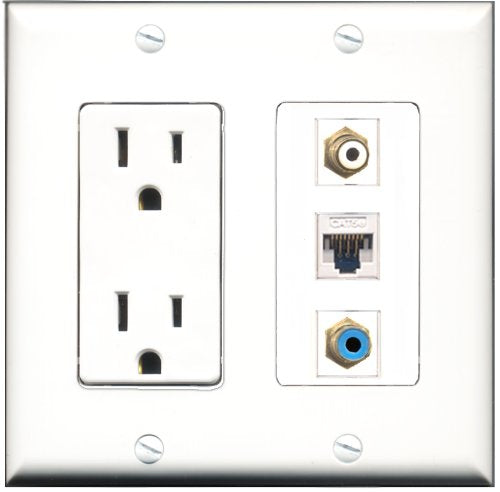 RiteAV - 15 Amp Power Outlet 1 Port RCA White 1 Port RCA Blue 1 Port Cat5e Ethernet White Decorative Wall Plate