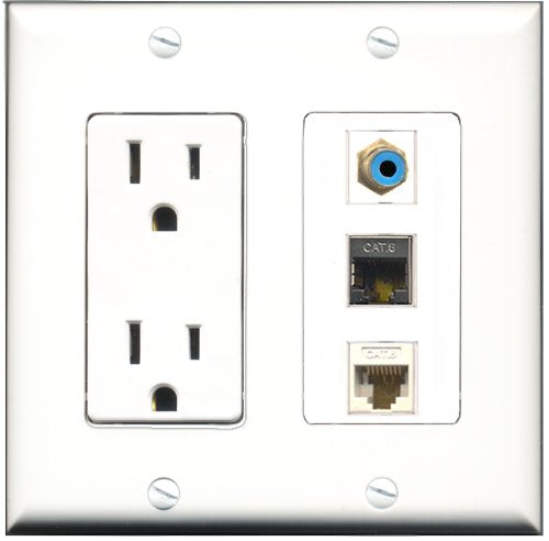 RiteAV - 15 Amp Power Outlet 1 Port RCA Blue 1 Port Shielded Cat6 Ethernet Ethernet 1 Port Cat6 Ethernet Ethernet White Decorative Wall Plate