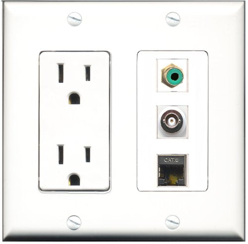 RiteAV - 15 Amp Power Outlet 1 Port RCA Green 1 Port Shielded Cat6 Ethernet Ethernet 1 Port BNC Decorative Wall Plate