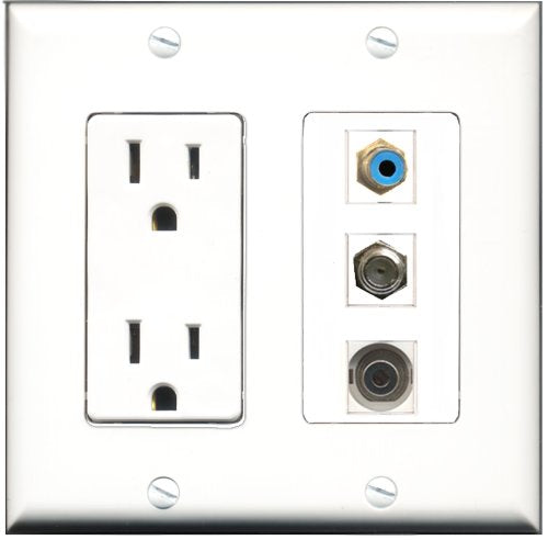RiteAV - 15 Amp Power Outlet 1 Port RCA Blue 1 Port Coax 1 Port 3.5mm Decorative Wall Plate