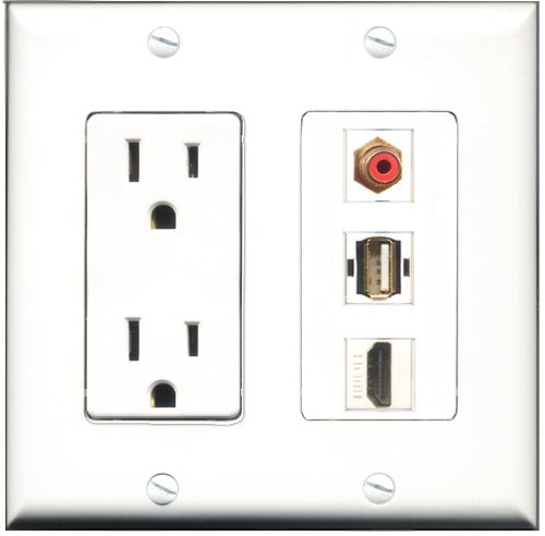 RiteAV - 15 Amp Power Outlet 1 Port HDMI 1 Port RCA Red 1 Port USB A-A Decorative Wall Plate
