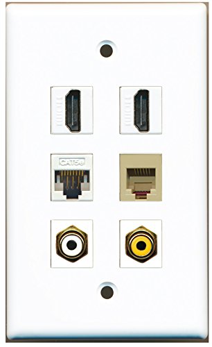 RiteAV - 2 HDMI 1 Port RCA White 1 Port RCA Yellow 1 Port Phone RJ11 RJ12 Beige 1 Port Cat5e Ethernet White Wall Plate